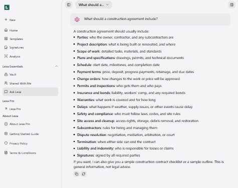 Ask Lexa answering what a construction agreement should include
