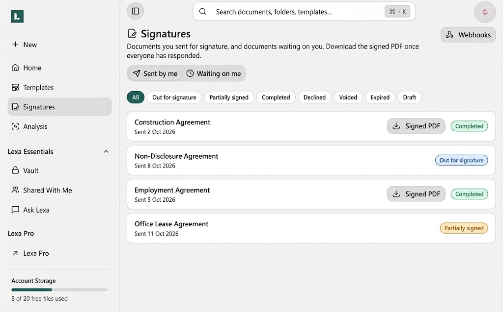 Signatures dashboard tracking completed and pending contracts