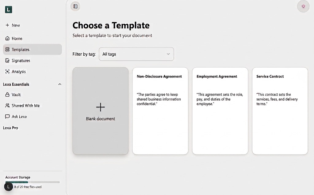 Choose a Template screen with NDA, employment, and service contract templates