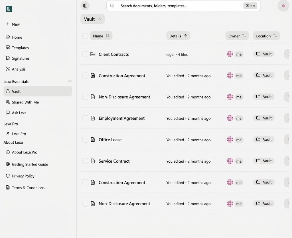 Vault listing the firm's contracts and folders